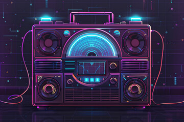 Futuristic neon retro boombox illustration with glowing blue display and vibrant electronic design elements
