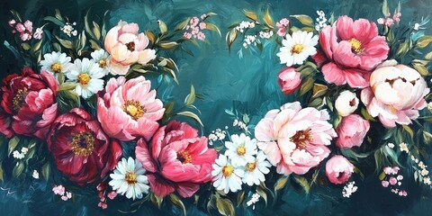 Floral masterpiece: lush peonies and daisies in teal