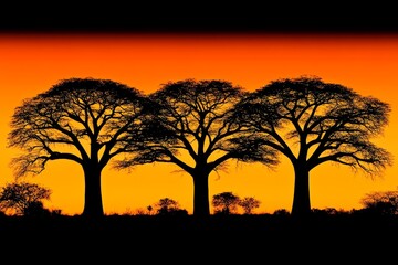 Baobab trees silhouette against a vibrant sunset in a savannah landscape, showcasing nature's beauty at twilight