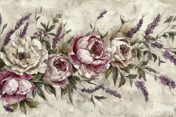 Floral art: delicate peonies and lavender in vintage hues - a romantic botanical masterpiece.  digital painting with textured background.