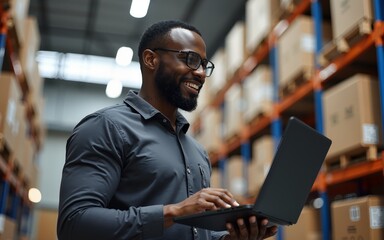 Fototapeta premium Foreman engineer african black skin talk look report businessman manager male notebook computer laptop tablet terminal warehouse technology shipper port logistic commercial container forklift custom