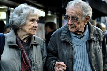 Elderly couple sharing a moment while walking through a busy street in the city during the afternoon