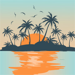 Happy Summer vibe in the beach sunset vector in the view and the palm tree