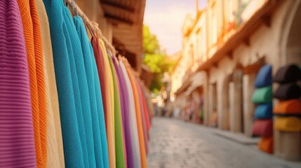 Vibrant Textiles Hanging in Colorful Market Street at Golden Hour