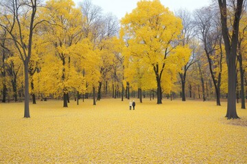 Colorful autumn walk in a golden forest with a couple enjoying nature at a tranquil park