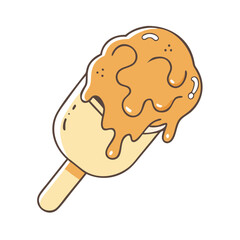 Illustration of a melting ice cream popsicle with sauce on a black background