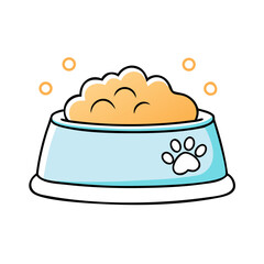 Illustration of a light blue pet bowl filled with tan dry food