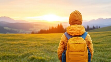 Child with Backpack Watching Sunset Over Beautiful Hill Landscape
