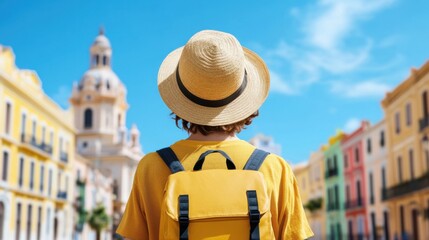 Adventurous Traveler in a Colorful City with Bright Blue Sky