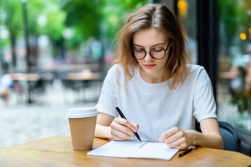 Young Woman Writing in Notebook with Coffee in Outdoor Cafe