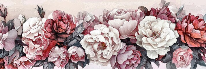 Floral masterpiece:  blush pink and red peonies in impasto style,  elegant botanical art print for home decor
