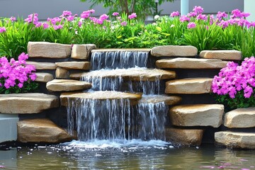 Charming water feature surrounded by vibrant flowers in a serene garden setting