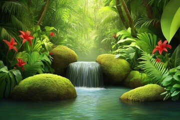 Lush tropical jungle with vibrant flowers and a serene waterfall flowing into a tranquil pool of water