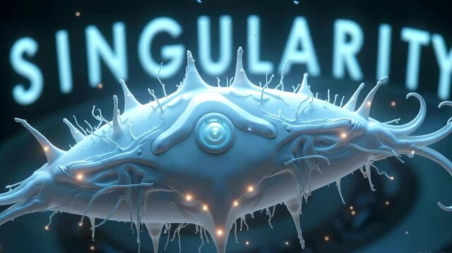 A futuristic depiction of a glowing, organic structure resembling a cell, set against an abstract background