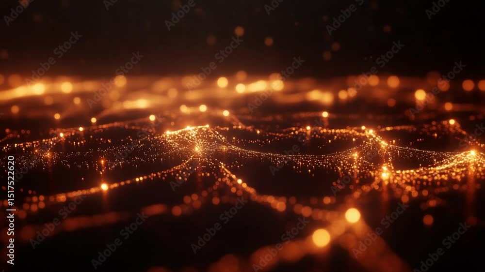 Poster elegant glowing network visualization with sparkling orange light particles effect