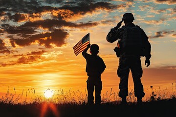 Silhouette of soldier saluting at sunset, child holding american flag - patriotic artwork