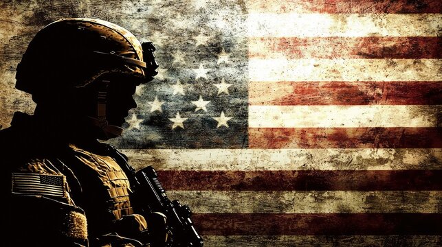 Silhouetted soldier against weathered american flag - patriotism, military, remembrance