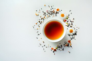 A steaming cup of herbal tea surrounded by colorful dried flowers.