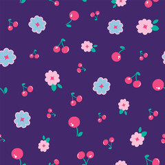 Abstract cherries and flowers design vector seamless pattern