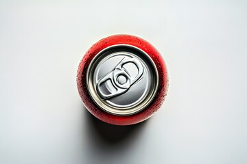 Close-up of a cold, wet red soda can on a minimalistic background.