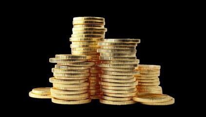 Gold coins stacked in tiered piles against black