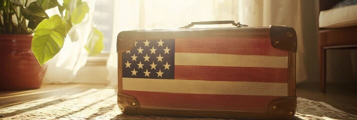 Vintage american suitcase basking in sunlight, nostalgia and travel theme