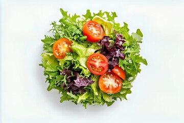 Fresh mixed salad with leafy greens and sliced tomatoes.