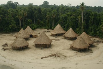 Traditional huts in a remote village surrounded by lush rainforest in the early morning light
