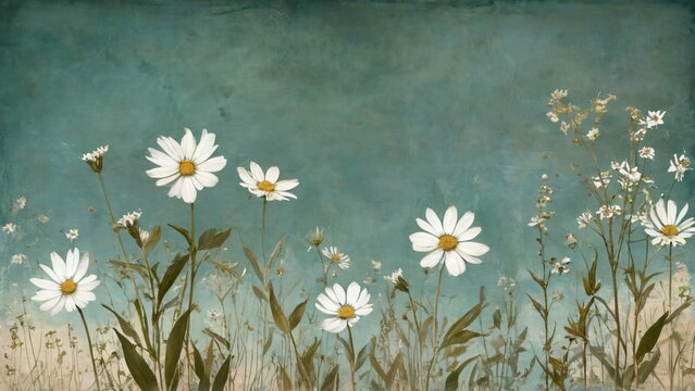White Daisies in a Pastel Blue Meadow Abstract Painting. A serene botanical artwork featuring white daisies in a whimsical meadow against a pastel blue background. 