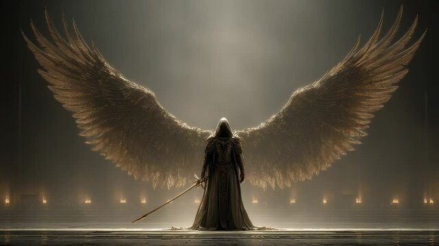Majestic Angelic Figure with Golden Wings Standing Guard in a Lit Hallway