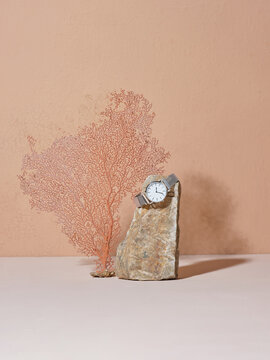 Elegant Watch Displayed on Rock with Coral Background