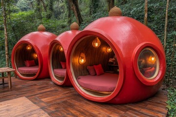 Unique round cabins nestled in a lush forest create a magical retreat experience in nature