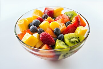 Colorful fruit salad featuring strawberries, blueberries, and kiwi.
