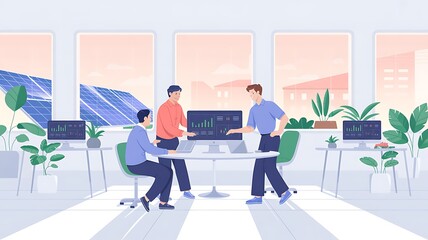 Team of businessmen analyzing solar energy data in modern office
