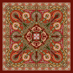 Deep Terracotta Red Bandana – Rich Mughal Square Scarf Pattern, Traditional Textile with Luxurious Ornamental Finish