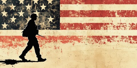 Art: silhouette of a soldier walking against a distressed american flag background - patriotism, military, remembrance