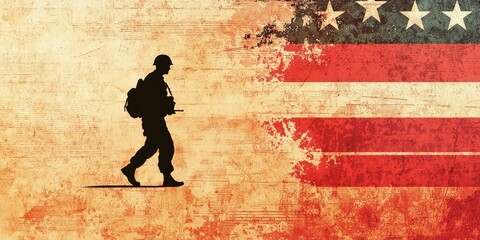 Silhouette of a soldier walking against a distressed american flag background - a grunge patriotism artwork