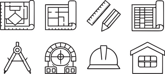 Architecture Icons Editable Construction Line Art Vector Set