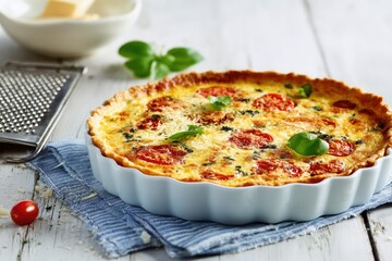 A light blue tart pan holds a savory baked tart filled with cheese, tomatoes, and basil, sitting on a blue and white striped napkin.  A grater and bowl of cheese sit in the background