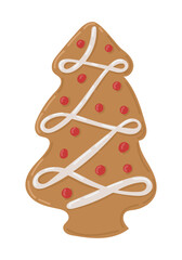 Christmas tree shaped gingerbread cookie with red dots and white icing in festive style. Concept of holiday sweets, seasonal baking and decorative Christmas treats