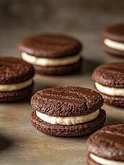 Chocolate sandwich cookies with cream filling on a rustic table.
