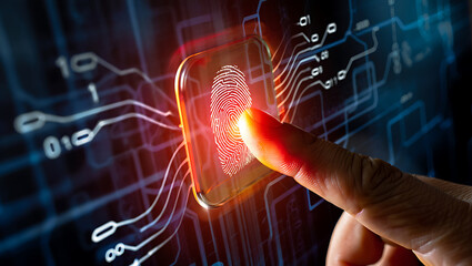 Fingerprint authentication on a digital interface representing security and biometric technology