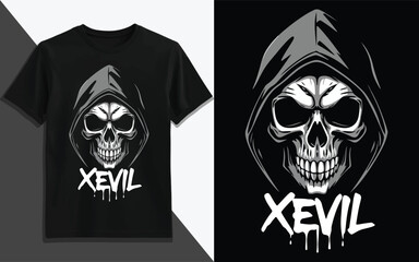 XEVIL Monochrome Skull Hoodie T-Shirt Design for Gothic Streetwear Style