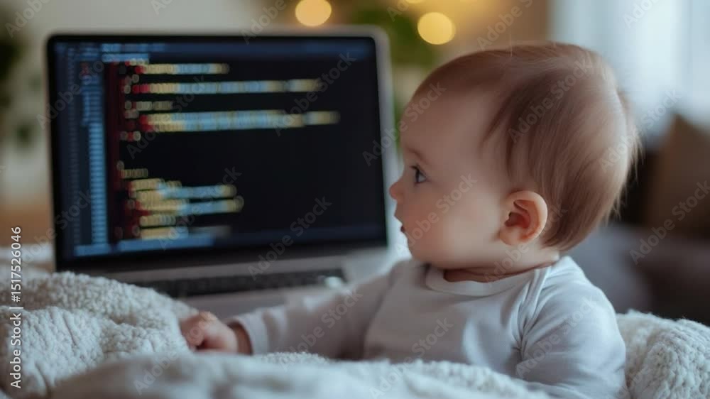 Poster future coder: a curious baby gazes intently at a laptop screen filled with lines of code, a captivat