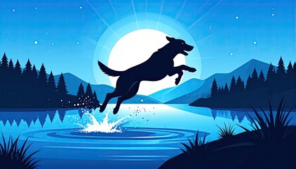 dog silhouette jumping across moonlit lake in night forest, Dog Jumping into Lake with Backlight Effect, dog jumping moonlight, adventure-themed pet illustration with mountain and water reflections