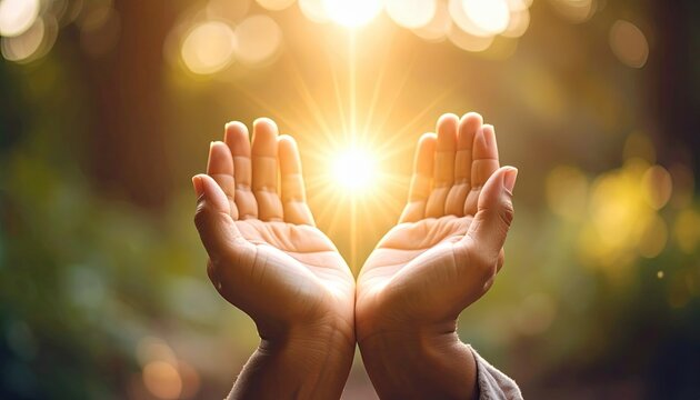 Inner Light Symbolism in Cupped Hands, inner light healing, inner light strength, inner light mindfulness, hands holding sacred light in spiritual meditation - Powered by Adobe