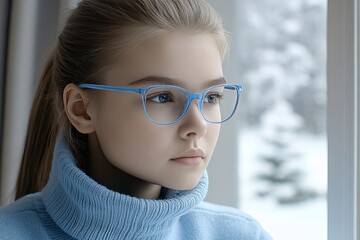 Young girl wearing blue glasses gazes thoughtfully out the window during a snowy winter day