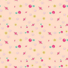 Ditsy small flowers and berries seamless pattern on beige background