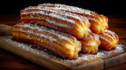 Close up of Spanish churros, dusted with powdered sugar on dark background