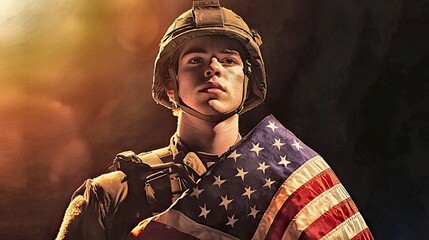 Portrait: young soldier with american flag, dramatic lighting, patriotism, military, strength, honor, courage,  digital art, ai art,  artificial intelligence
